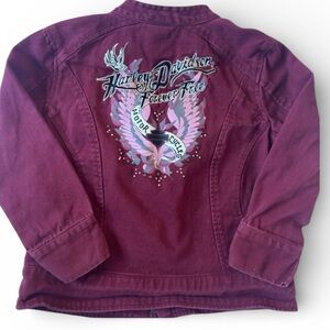 Harley-Davidson Girls Maroon Embroidered Zip Jacket Studded Wings Size 5 Cotton